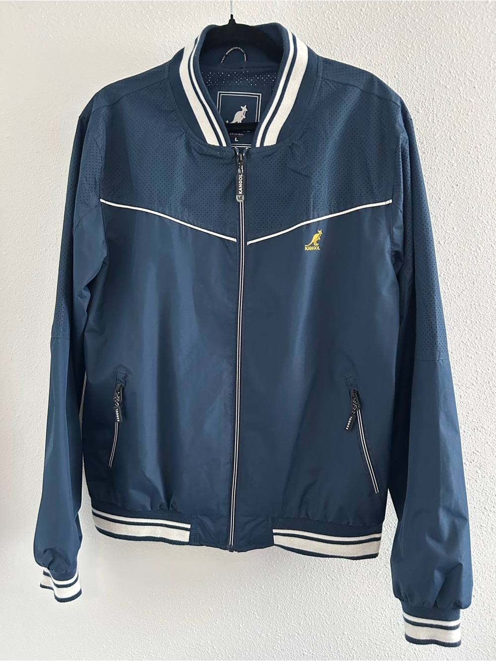 Kangol Navy Blue Bomber Jacket with White Trim and Yellow Logo